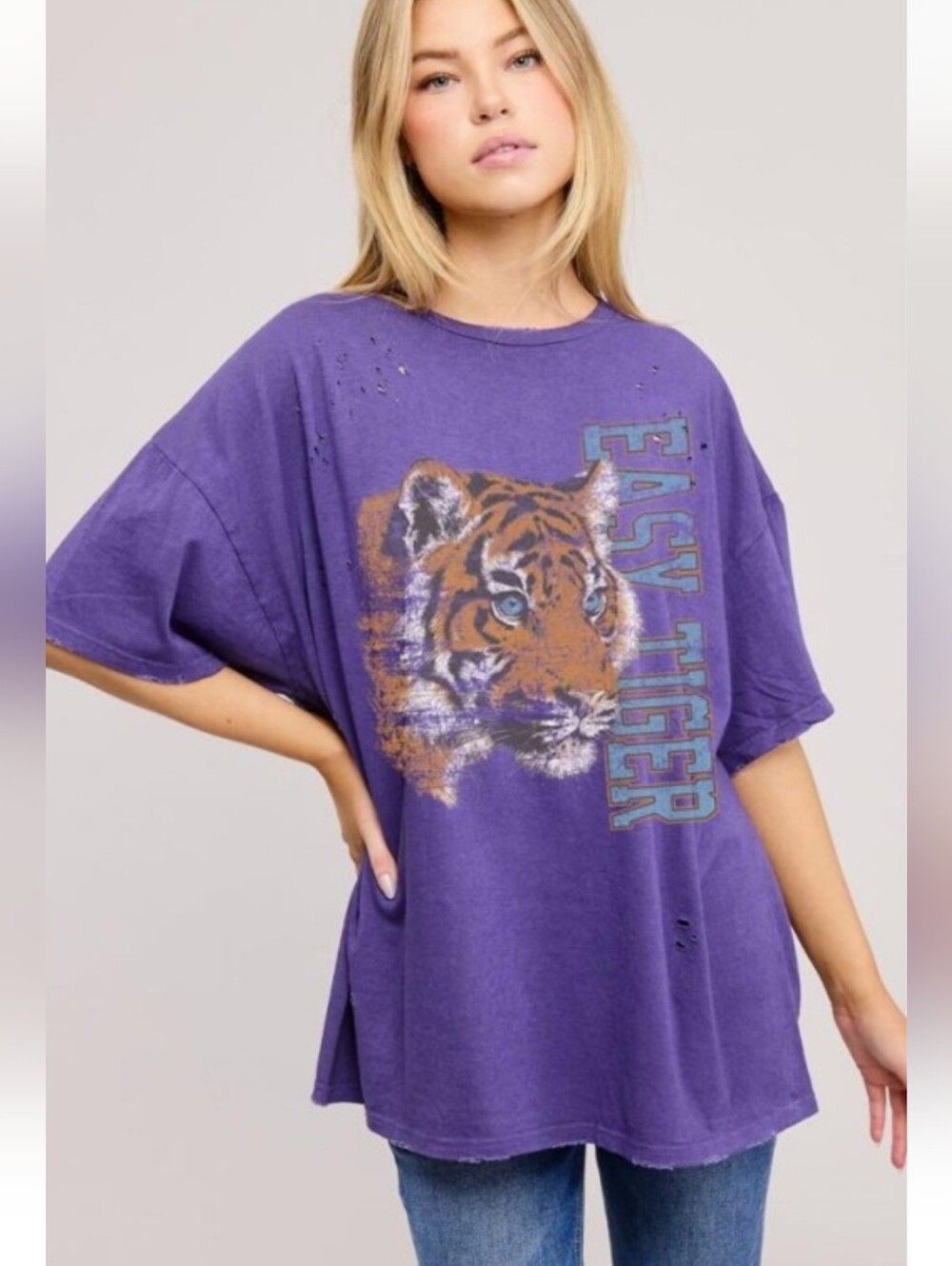 Purple  Distressed 'Easy Tiger' Graphic Tee